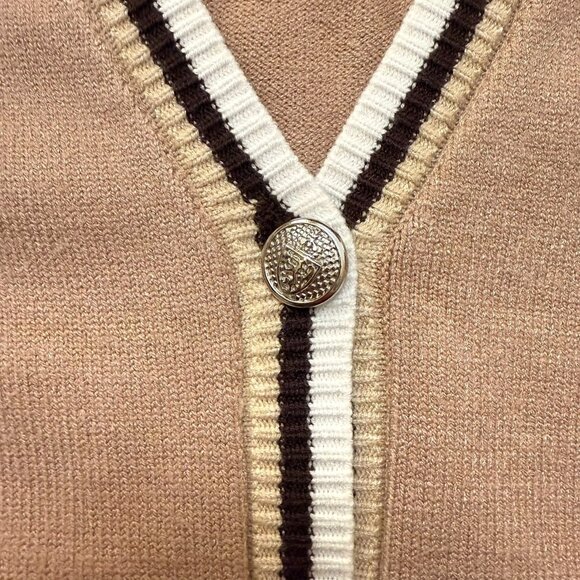 Gihuo Womens XL Beige and Brown Knit Vest With Striped Trim and Button Closure - Picture 2 of 7